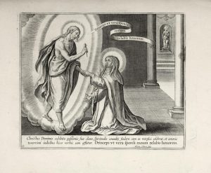 Teresa de Jesús recibe un clavo de Cristo en grabado de Collaert y Galle de 1613