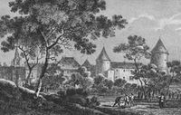 Ilustración de la ciudad y del castillo de Yverdon en 1815