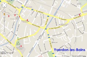 Mapa de Yverdon-les-Bains con los puntos señalados donde vivió Pestalozzi